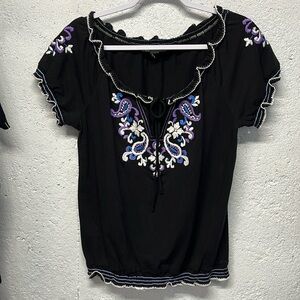 🌺 I•N•C Boho Top Black + Purple Blue & White Floral Paisley Embroidery Smock Tie